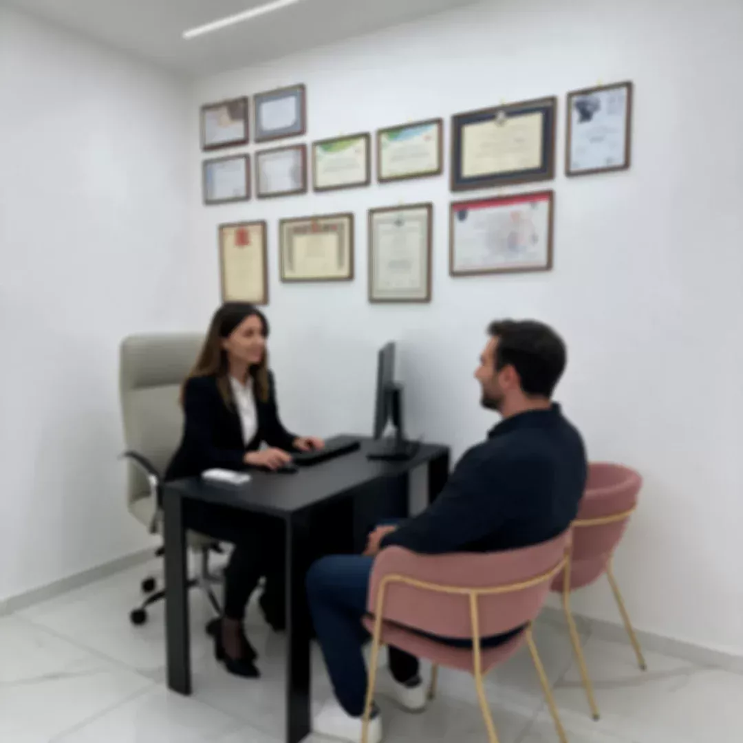 Colloquio in studio: il medico illustra il percorso di cura e i diplomi alle spalle della scrivania