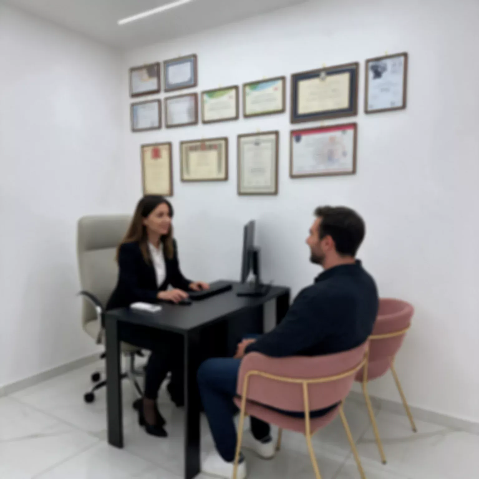 Colloquio in studio: il medico illustra il percorso di cura e i diplomi alle spalle della scrivania