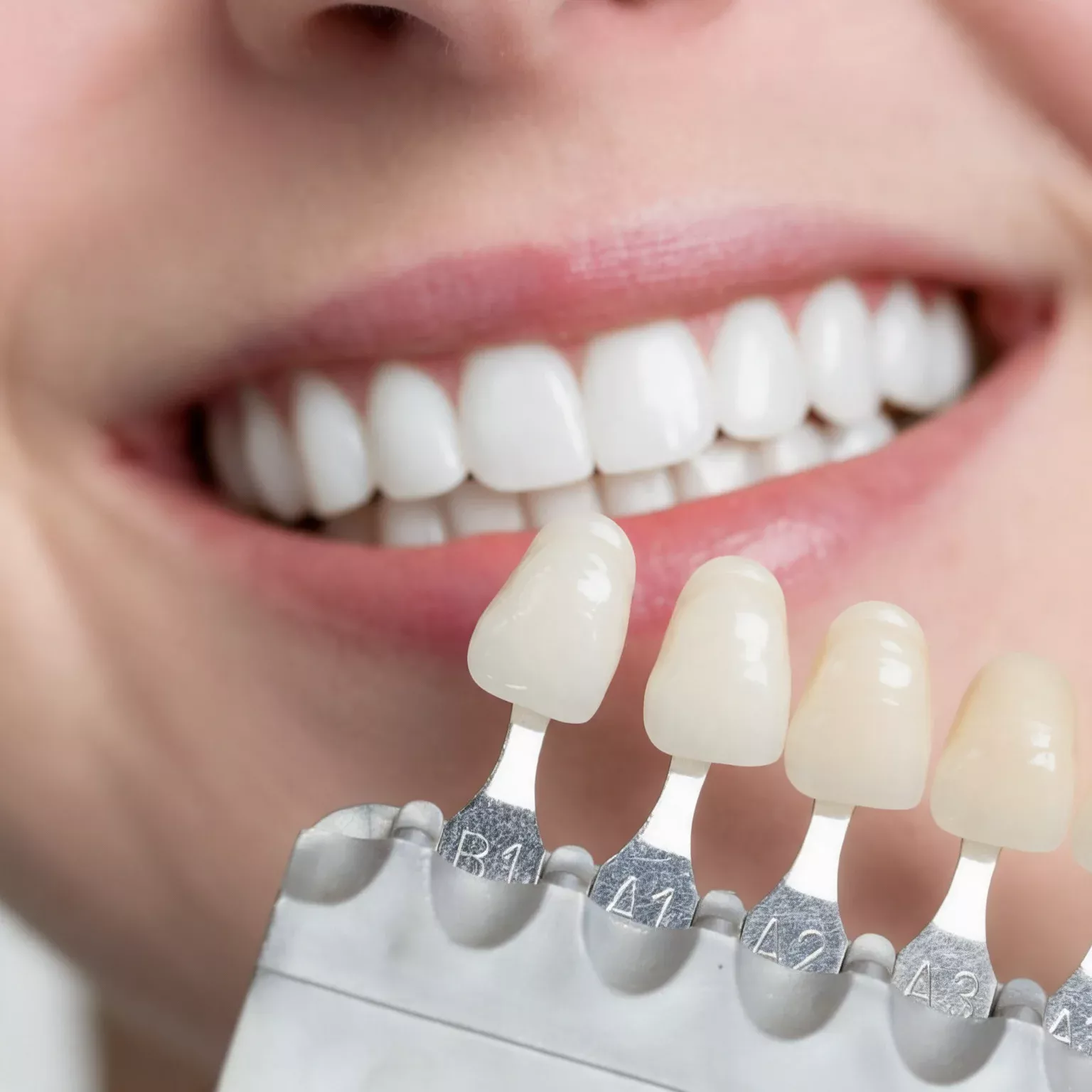Scelta della tonalità di faccette dentali con la guida colori accanto al sorriso
