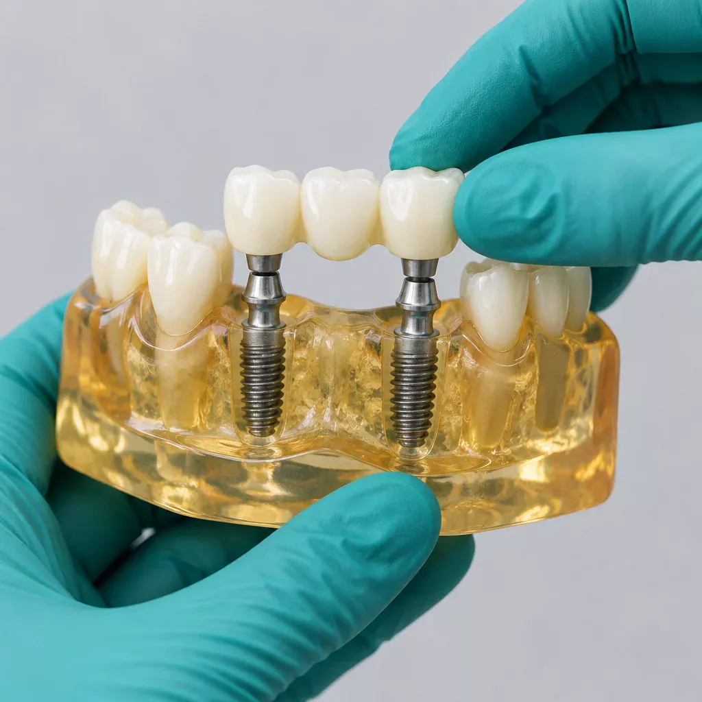 Corona protesica su impianto dentale montata su un modello dell’arcata
