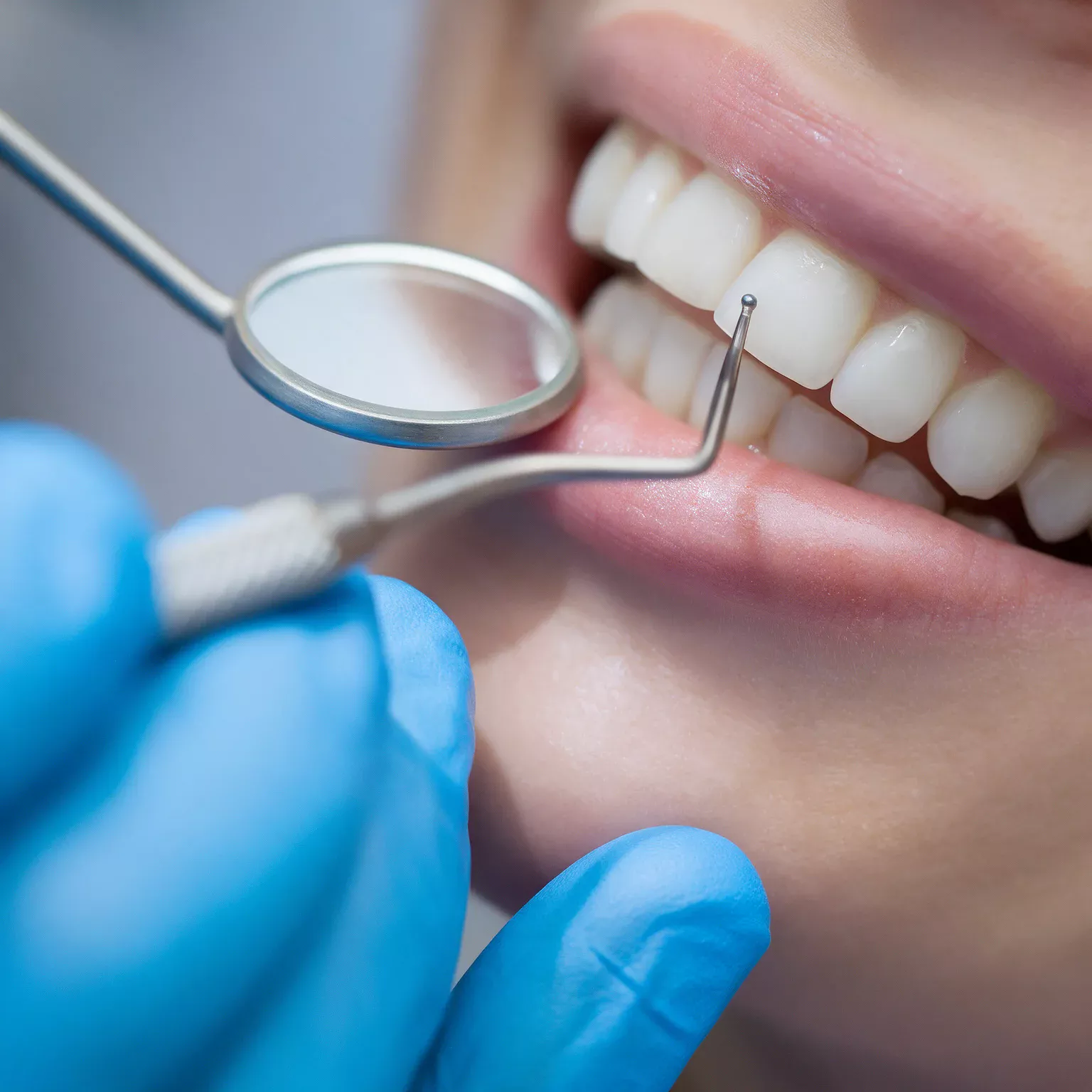 Controllo di un dente con specchietto e sonda: trattamento di odontoiatria conservativa